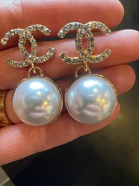 CHANEL Gold-Tone Crystal CC Drop Earrings with Large White Pearls